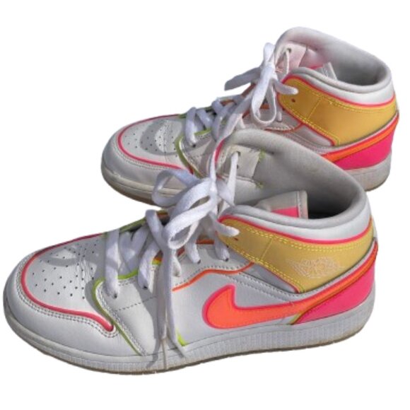 Nike Girls Air Jordan 1 Hightops Mid GS "Edge Glow" White with Neon Colors, 6Y - Picture 6 of 11